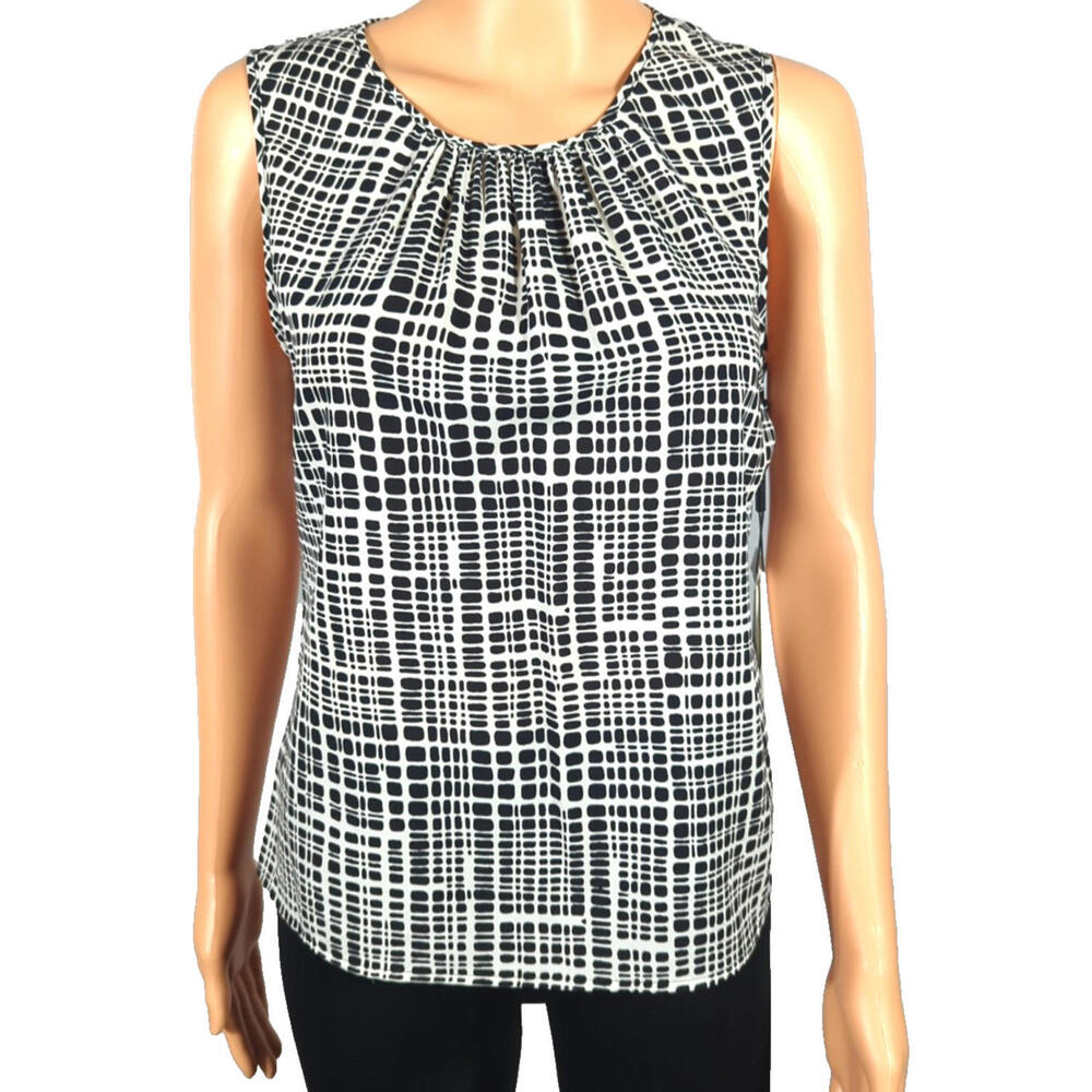 NWT Calvin KleinWomens Sleeveless Top Blouse Med Petite Eggshell & Black Breezy